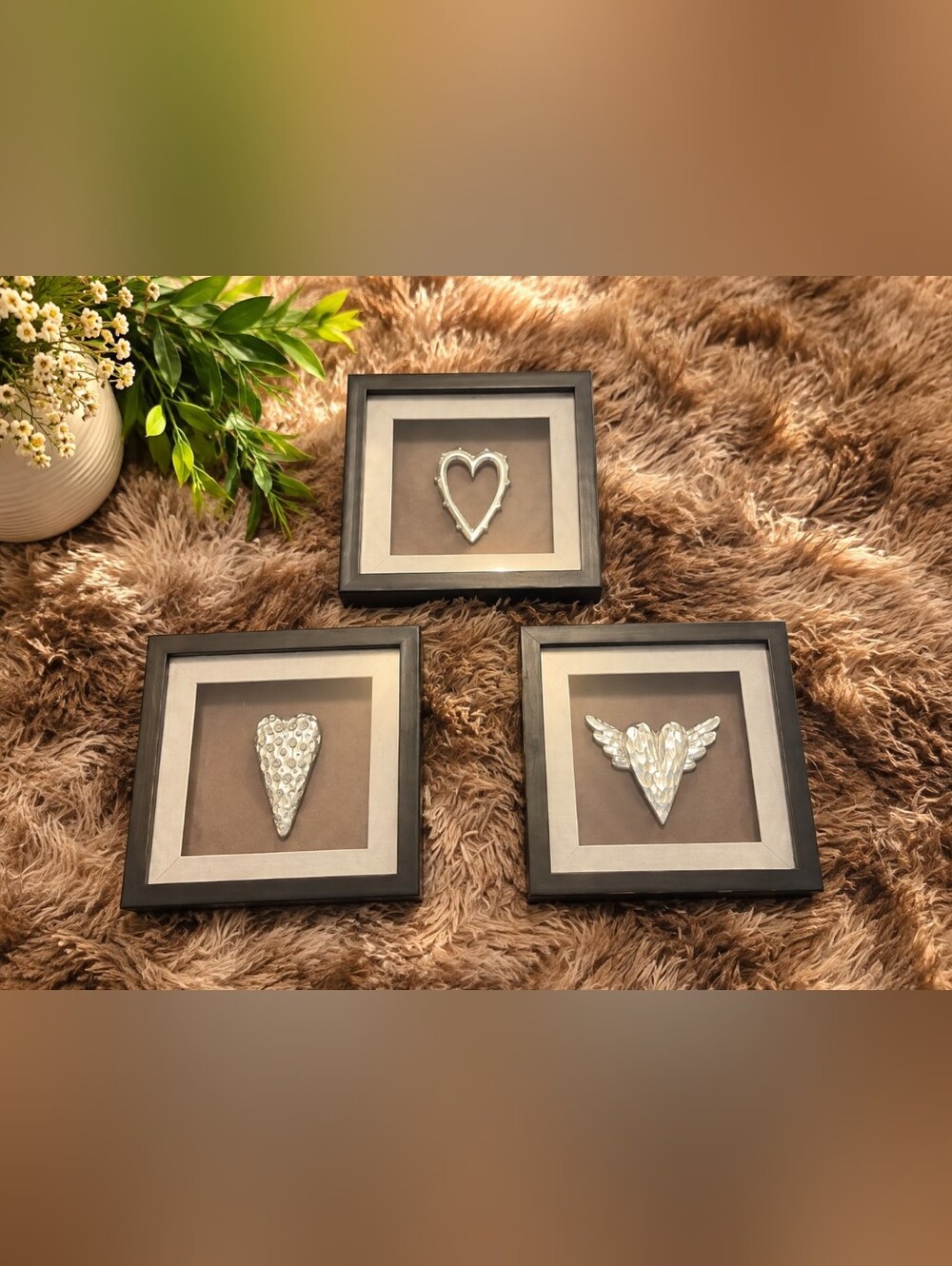 Framed Distressed Silver Heart Wall Art Trio